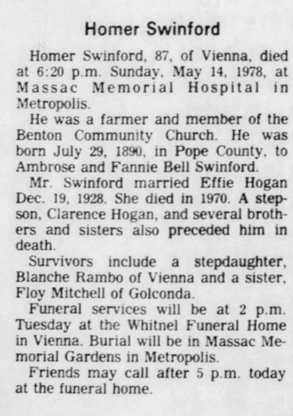 Obituary for Homer Swinford, 1890-1978 (Aged 87)